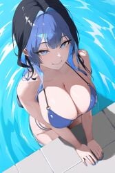 1girls ai_generated ark_ranger_blue_(nikke) bikini black_hair blue_bikini blue_eyes blue_hair female female_only goddess_of_victory:_nikke huge_breasts large_breasts pale_skin pale_skinned_female pool smile two-tone_hair wet wet_body