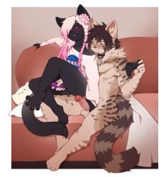 absurd_res accessory anthro balls black_body blush bodily_fluids bottomless brown_hair clothed clothing coff collar colored controller digital_drawing_(artwork) digital_media_(artwork) domestic_cat duo erection felid feline felis femboy flower flower_in_hair fur genital_fluids genitals hair hair_accessory handjob hi_res holding_controller holding_object humanoid_genitalia humanoid_penis inner_ear_fluff long_hair looking_at_another male male/male mammal multicolored_hair mutual_handjob mutual_masturbation paws penile penis pink_hair plant precum purple_penis red_eyes sex shaded shirt shirt_only sitting sitting_on_another size_difference striped_body striped_fur stripes tail tan_body tan_fur topwear topwear_only tuft two_tone_hair white_hair
