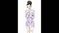 1girls big_breasts black_hair black_hair_female blush bouncing_breasts breasts chichi color dialogue dragon_ball_z gif hair_bun hair_tied milf removing_sleepwear sleepwear solo_female thewritefiction