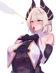 1boy 1girl bare_shoulders black_gloves blonde_hair blush breasts commentary_request cupping_hands drinking_pee elbow_gloves gloves green_eyes highres horns open_mouth original own_hands_together peeing peeing_in_mouth penis pointy_ears simple_background solo_focus tiffany_blews tongue tongue_out white_background