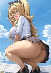 1girl absurdres alternate_costume animal_print black_shoes black_skirt blonde_hair blue_sky blush bra_visible_through_clothes breasts cloud fang goddess_of_victory:_nikke green_eyes gyaru hair_between_eyes highres large_breasts leopard_print long_hair looking_at_viewer open_mouth panties pantyshot pleated_skirt rupee_(nikke) school_uniform shirt shoes short_sleeves side_ponytail skirt sky small_chair_(xiaosaiyi33818) smile solo squatting thong underwear upskirt v white_shirt bra leopard_print_bra leopard_print_panties