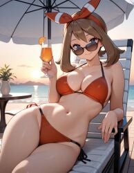 1girl ai_generated bare_shoulders beach beach_chair beach_umbrella big_breasts bikini blue_eyes bow_hairband brown_hair cleavage closed_mouth collarbone cup drink drinking_glass hair_ribbon hairband holding_cup looking_at_viewer looking_over_eyewear looking_over_sunglasses lounge_chair lying may_(pokemon) navel ocean orange_(fruit) orange_slice outdoors parasol pokemon reclining red_bikini red_hairband ribbon seductive_smile side-tie_bikini_bottom smile solo_focus stomach string_bikini sunglasses swimsuit table terrace thighs tinted_eyewear umbrella water