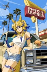 427deer aircraft american_flag_armwear american_flag_legwear beautiful_woman burger denim_shorts ford_f150 in-n-out_burger looking_at_viewer midriff multicolored_hair navel obey_your_master_(umamusume) palm_tree panties panty_peek thighs tomboyish tongue_out umamusume umamusume:_cinderella_gray umamusume_pretty_derby white_topwear