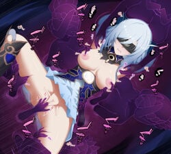 arms_behind_head blindfold blue_dress boots breasts censored chapa_kari chinese_clothes clenched_teeth commentary_request detached_sleeves dress dutch_angle fingering gangbang group_sex highres honkai:_star_rail honkai_(series) jingliu_(honkai:_star_rail) layered_dress long_hair medium_breasts mosaic_censoring multiple_girls nipple_stimulation nipple_tweak nipples pointless_censoring ponytail rape solo_focus spread_legs teeth torn_clothes torn_dress translation_request white_hair yuri
