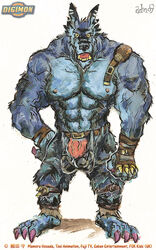 2009 abs anthro aokmaidu belt big_balls blue bulge canine claws digimon exposed fangs fur furry hyper leather looking_at_viewer male male_only muscles open_mouth open_pants pants penis sbarazoku solo standing testicle torn_clothing unzipped weregarurumon werewolf wolf yellow_eyes