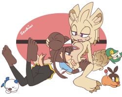 2026 absurd_res anthro anthro_on_anthro balls barefoot blue_eyes brown_body brown_fur clothed clothing cosplay dewott duo_focus erection feet fellatio female feral fur generation_5_pokemon genitals group hi_res male male/female mammal multicolored_body multicolored_fur nintendo nude open_mouth oral penile penis pokemon pokemon_(species) purple_eyes rosa_(pokemon) senshion sex simple_background sleeping snivy soles tan_body tan_fur tepig two_tone_body two_tone_fur