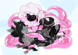 alternative_fashion anthro bat batgirl black_body black_fur bovid breasts caprine cigar collarbone duo dyellogin ear_piercing female female/female fluffy fur goth hi_res kelly(inkden) machine mammal piercing pink_tentacles protogen robotic sheep simple_background smile tentacles wooled