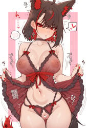 1girl babydoll black_hair breasts censored cleavage cleft_of_venus come_hither cross cross_earrings earrings heart heart_censor highres hololive jewelry kurokami_fubuki large_breasts lingerie looking_at_viewer mole mole_on_breast navel negligee nipples pussy red_hair see-through_clothes shiroi_yoru solo stomach underwear virtual_youtuber