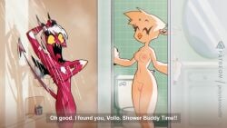 angel anthro balls bathroom breasts butt chica demon dialogue duo english_text fan_character feathered_wings feathers female fur genitals hair hazbin_hotel hellaverse helluva_boss hi_res humanoid imp male nipples nude open_mouth penis prismanoodle screaming shower smile surprised tail text vollo_(cryptic) vulva wings