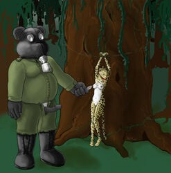 anthro anthro_only ball_gag bear bondage boots bound_to_tree bound_wrists breasts erection feathers feline female femsub fur furry gag gagged gas_mask jungle leopard male nipples nude panda penis pussy red_ball_gag restrained tickling tree uniform veg