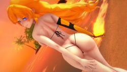 rwby logang45 yang_xiao_long 1girls solo_female half-dressed half_naked half_naked_female blonde_hair blonde_female long_hair long_hair_female purple_eyes robotic_arm looking_back sunset