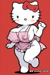 1girls ai_generated anthro big_breasts chibi_style female furry furry_female hello_kitty hello_kitty_(character) hello_kitty_(series) huge_breasts sanrio shortstack solo chibi cat_girl cat thick_thighs apron apron_only areola_slip areolae_slip nipple_bulge