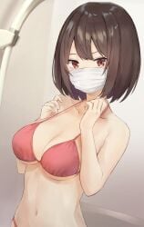 1girl bare_shoulders bikini breasts brown_hair cleavage collarbone halterneck hands_up highres indoors jishuku-chan_(masco) large_breasts masco mask mouth_mask navel original red_bikini red_eyes short_hair shower_head solo stomach strap_gap string_bikini surgical_mask swimsuit upper_body
