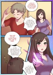 1boy 1girls blonde_hair brown_eyes brown_hair color comic comic_page gender_transformation girlfriend male_to_female meowwithme(artist) mtf_transformation original original_character rule_63 text text_bubble transformation