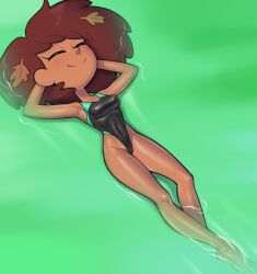 1girls amphibia anne_boonchuy armpits breasts brown_hair cameltoe closed_eyes disney female female_focus female_only loodncrood medium_breasts nipple_bulge relaxing shiny_skin short_hair smile solo solo_female straight_hair swimsuit teenager thighs