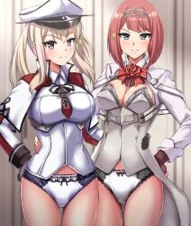 2022 2girls ark_royal_(kantai_collection) blonde_hair blue_eyes blush bow_panties breasts cleavage corset gloves graf_zeppelin_(kantai_collection) hand_on_hip hat kantai_collection looking_at_viewer military_uniform no_pants panties purple_eyes red_hair short_hair standing tagme thighs white_panties zanntetu