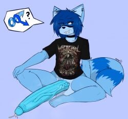 aimpunch anthro azura_(aimpunch) balls band_shirt big_balls big_penis blue_body blue_fur blue_hair blue_penis bodily_fluids bottomless bottomless_male choker clothed clothing emo eye_through_hair fur genital_fluids genitals hair huge_balls huge_cock humanoid_genitalia humanoid_penis hyper hyper_balls hyper_genitalia hyper_penis inviting jewelry long_penis male mammal markings necklace penis pictographics precum procyonid raccoon sitting sitting_on_ground solo striped_markings striped_tail stripes tail_markings translucent translucent_hair vein veiny_penis whitechapel