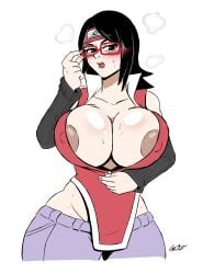 1girls alternate_body_type alternate_breast_size areolae arm_warmers armwear artofagito bare_shoulders big_breasts bimbo black_eyes black_hair blush bob_cut boobs boruto:_naruto_next_generations breasts breasts_out breasts_outside brown_nipples busty child_bearing_hips clothed clothing curvaceous curvy curvy_body curvy_female curvy_figure dress female female_focus female_only forehead_protector glasses headband hourglass_figure huge_areolae huge_breasts large_areolae large_breasts light-skinned_female light_skin lips lipstick looking_at_viewer makeup medium_hair narrowed_eyes naruto naruto_(series) no_bra open_mouth oppai pale-skinned_female pale_skin pink_lips pink_lipstick pinup pose posing pubic_hair revealing_clothes sarada_uchiha short_dress shoulder_length_hair shounen_jump skimpy skimpy_clothes solo solo_female solo_focus standing sweat sweatdrop thick_thighs thighs undressing voluptuous wide_hips