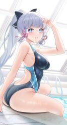 1girls ass bare_shoulders beauty_mark big_ass big_breasts big_butt blue_eyes blue_hair blush breasts butt curvaceous curves curvy curvy_body curvy_female curvy_figure curvy_hips female female_only fukuro_ko_(greentea) genshin_impact kamisato_ayaka large_ass legs light_blush mole mole_under_eye on_floor pool poolside shoulders side_view sideboob silver_hair sitting sitting_on_floor sitting_on_poolside slight_blush smile smiling swimming_pool swimsuit swimwear thick thick_ass thick_thighs thighs tied_hair water wet wet_body wet_clothing wet_skin white_hair