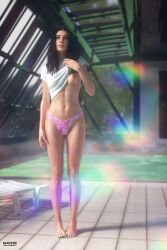 3d 3d_(artwork) 3dx abs bikini bikini_bottom black_hair breasts celebrity cinema4d exposed_breasts fit_female flashing notill small_breasts swimming_pool swimwear tagme wet