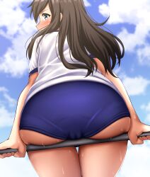 1girls 2022 asashio_(kantai_collection) ass blue_eyes blush brown_hair buruma cameltoe from_behind from_below kantai_collection long_hair looking_at_viewer looking_back pantylines sitting sweat tagme thighs zanntetu