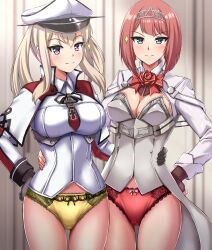 2022 2girls ark_royal_(kantai_collection) blonde_hair blue_eyes blush bow_panties breasts cleavage corset gloves graf_zeppelin_(kantai_collection) hand_on_hip hat kantai_collection looking_at_viewer military_uniform no_pants panties purple_eyes red_hair red_panties short_hair standing tagme thighs yellow_panties zanntetu