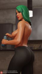 1girls 3d ass bottomwear breasts darkbahamuth female female_only fortnite holding_bottle holding_object leggings pinup sideboob solo sunbird topless water_bottle