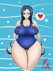 1girls 2022 alternate_version_available belly_button_visible_through_clothing blue_background blue_eyes blue_hair blue_swimsuit blue_theme blush breasts danganronpa danganronpa_s:_ultimate_summer_camp danganronpa_v3 embarrassed embarrassed_female female hands_on_breasts heart large_breasts long_hair new_danganronpa_v3 one-piece_swimsuit pontapon sea shirogane_tsumugi smooth_skin solo_female swimsuit thick_thighs thighs water white_outline wide wide_hips