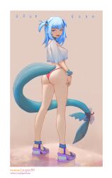 1girls ass blue_eyes blue_hair breasts butt female female_only gawr_gura hololive hololive_english hololive_myth medium_hair shark_tail sharp_teeth small_breasts solo solo_female standing tail text thighs thong twintails virtual_youtuber yugen99