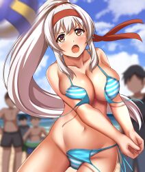 1girls 2022 beach bikini blue_bikini blush breasts brown_eyes headband kantai_collection large_breasts long_hair navel outside ponytail shoukaku_(kantai_collection) side-tie_bikini striped_bikini tagme volleyball wardrobe_malfunction white_hair zanntetu