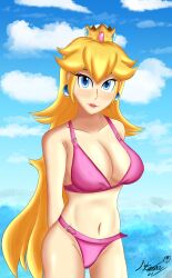 1girls alternate_version_available big_breasts bikini blonde_female blonde_hair blue_eyes blush breasts crown earrings female female_only hands_behind_back human human_only light-skinned_female light_skin lips lipstick long_hair looking_at_viewer mario_(series) nintendo open_mouth pink_bikini pinup princess_peach seven19inkling solo swimsuit thick thick_hips thick_thighs wide_hips