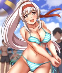 1girls 2022 beach bikini blue_bikini blush breasts brown_eyes headband kantai_collection large_breasts long_hair navel outside ponytail shoukaku_(kantai_collection) side-tie_bikini striped_bikini tagme volleyball white_hair zanntetu