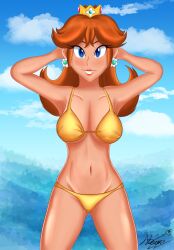 1girls alternate_version_available bikini blue_eyes blush breasts cleavage crown earrings female female_only flower_earrings freckles front_view ginger_hair hands_behind_head human human_only lips lipstick looking_at_viewer mario_(series) medium_breasts nintendo pinup princess_daisy seven19inkling shoulder_length_hair showing_teeth smile smiling smiling_at_viewer solo swimsuit tan-skinned_female tan_skin thick thick_hips thick_thighs wide_hips yellow_bikini