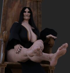 1girls 3d 3d_(artwork) big_breasts black_hair black_lips black_lipstick black_toenails breasts chair cleavage daz3d daz_studio dress edna_church_(lhf3d) feet feet_up foot_fetish foot_focus foot_worship gilf granny hag large_breasts long_hair looking_at_viewer lowhangingfruit3d_(artist) mature mature_female old older_female original_character pale-skinned_female pale_skin sagging_breasts sitting thick_thighs thighs toe_claws toes witch