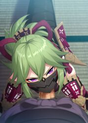 1boy angry angry_face angry_fellatio armor censored censored_penis deepthroat eye_contact face_mask fellatio fellatio_under_mask female genshin_impact glaring green_hair highres kneeling kuki_shinobu looking_at_viewer mask mosaic_censoring mouth_mask ninja_mask oral penis pov purple_eyes saliva solo_focus straight tatami under_mask yu-ta