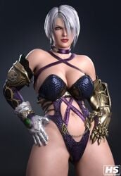 1girls 3d 3d_(artwork) alternate_version_available arms_above_head arms_behind_head blue_eyes breasts cleavage clothed curvy curvy_female female female_only hagiwara_studio hourglass_figure huge_breasts isabella_valentine large_breasts lipstick navel posing short_hair skimpy solo soul_calibur soul_calibur_iv soul_calibur_v voluptuous white_hair