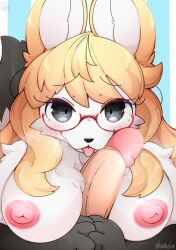 anthro areola big_breasts blush breasts canid canine canis erection eyewear female fur genitals glasses hair hinata_sakamoto looking_at_viewer male mammal nipples nude penile penis smile tongue