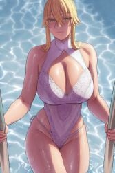 1girls artoria_pendragon artoria_pendragon_(all) artoria_pendragon_(fate) artoria_pendragon_(lancer) artoria_pendragon_(swimsuit_ruler) artoria_pendragon_(swimsuit_ruler)_(second_ascension)_(fate) blonde_female blonde_hair blush breasts cleavage fate/grand_order fate_(series) female female_focus female_only getting_out_of_pool green_eyes hair_between_eyes highleg_swimsuit highres hourglass_figure large_breasts looking_at_viewer lvl_(sentrythe2310) one-piece_swimsuit pool pool_ladder poolside summer swimsuit thick_thighs thighs water wet wet_skin white_swimsuit