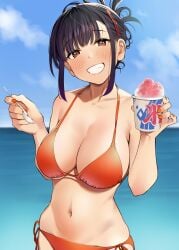 1girls bangs bikini blush breasts brown_eyes cleavage dark_blue_hair day elder_cousin_(igarashi_kyouhei) female female_focus folded_ponytail hairclip highres igarashi_kyouhei large_breasts light-skinned_female light_skin medium_hair nail_polish navel ocean orange_bikini orange_nails original original_character outdoors red_eyes shaved_ice side-tie_bikini sidelocks sky smile solo spoon summer swimsuit