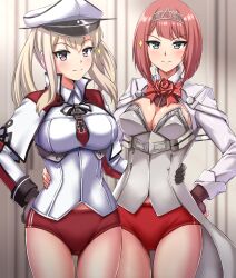 2022 2girls ark_royal_(kantai_collection) blonde_hair blue_eyes blush breasts buruma cleavage corset gloves graf_zeppelin_(kantai_collection) hand_on_hip hat kantai_collection looking_at_viewer military_uniform no_pants purple_eyes red_hair short_hair standing tagme thighs zanntetu