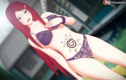 1girls 3d bra breasts cleavage curvaceous curvy curvy_figure female female_only lingerie long_hair mature mature_female midriff milf naruto naruto_(series) naruto_shippuden open_mouth open_smile otsukira outdoors panties purple_eyes red_hair solo solo_focus stomach_tattoo tattoo underwear uzumaki_kushina very_long_hair