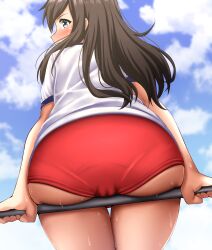 1girls 2022 asashio_(kantai_collection) ass blue_eyes blush brown_hair buruma cameltoe from_behind from_below kantai_collection long_hair looking_at_viewer looking_back pantylines sitting sweat tagme thighs zanntetu