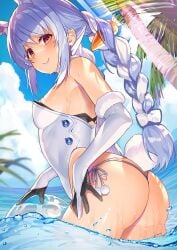 animal_ear_fluff animal_ears ass bangs bikini blue_hair blush braid breasts carrot_hair_ornament closed_mouth cloud cloudy_sky cowboy_shot day elbow_gloves extra_ears female food-themed_hair_ornament from_side gloves hair_ornament hololive hololive_fantasy hololive_japan kibanda_gohan leotard long_hair looking_at_viewer looking_to_the_side medium_breasts outdoors palm_tree rabbit_ears rabbit_tail red_eyes short_eyebrows side-tie_bikini sky smile solo swimsuit tail thick_eyebrows tree usada_pekora virtual_youtuber wading water white_gloves white_leotard