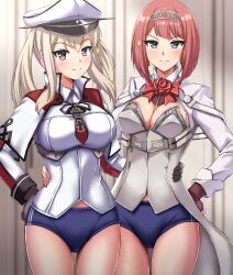 2022 2girls ark_royal_(kantai_collection) blonde_hair blue_eyes blush breasts buruma cleavage corset gloves graf_zeppelin_(kantai_collection) hand_on_hip hat kantai_collection looking_at_viewer military_uniform multiple_girls no_pants purple_eyes red_hair short_hair standing tagme thighs zanntetu