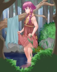 1girls bare_arms bare_legs bath braid breasts cape clothes_lift clothing dress dress_lift female female_only fire_emblem fire_emblem:_the_sacred_stones forest legs lute_(fire_emblem) medium_breasts medium_hair nintendo outdoors peeping pond pov purple_eyes purple_hair raseruta smile solo tree twin_braids undressing voyeur voyeur_pov voyeurism water