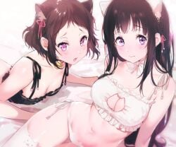 2girls animal_ears blonde_hair bow breasts brown_hair catgirl chitanda_eru cleavage hyouka ibara_mayaka long_hair mery_(yangmalgage) multiple_girls navel panties pink_eyes ribbons short_hair thighhighs underwear