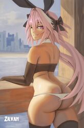 1boy armwear ass astolfo_(fate) back_view big_ass big_butt bunny_ears bunnysuit dat_ass eye_contact fate/apocrypha fate/grand_order fate_(series) femboy girly legwear looking_at_viewer male_only pink_hair smile solo solo_male thick_thighs thighhighs thighs zilvan