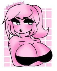 1girls big_breasts blush breast_focus breasts cleavage clothed clothed_female dragon_ball dragon_ball_xenoverse female_majin female_majin_buu huge_breasts j-buu large_breasts lewdartgirl majin monster_girl original_character pink_skin