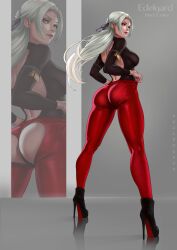 ass ass_focus bare_back breasts dandon_fuga edelgard_von_hresvelg female fire_emblem fire_emblem:_three_houses heels high_heels leggings legs long_hair looking_at_viewer looking_back nintendo purple_eyes sideboob solo suggestive_look tugging_clothing white_hair