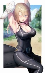 1girls armpits arms_behind_head arms_up bangs belt black_belt black_bodysuit black_choker blonde_female blonde_hair blonde_hair_female blue_eyes blue_sky blush bodysuit breasts chest_tattoo choker cleavage closed_eye covered_nipples erect_nipples eunie_(xenoblade) feathered_wings female female_focus female_only hair_between_eyes head_wings kujou_shima large_breasts markings mountain nipples open_mouth outdoor outdoors outside pond sitting sky solo solo_female solo_focus stretching sweat sweatdrop sweating tattoo thighs wings xenoblade_(series) xenoblade_chronicles_(series) xenoblade_chronicles_3